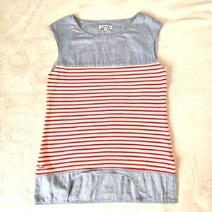Lacoste Women’s Sleeveless Nautical Stripe Top Blue Chambray Red White Size 38